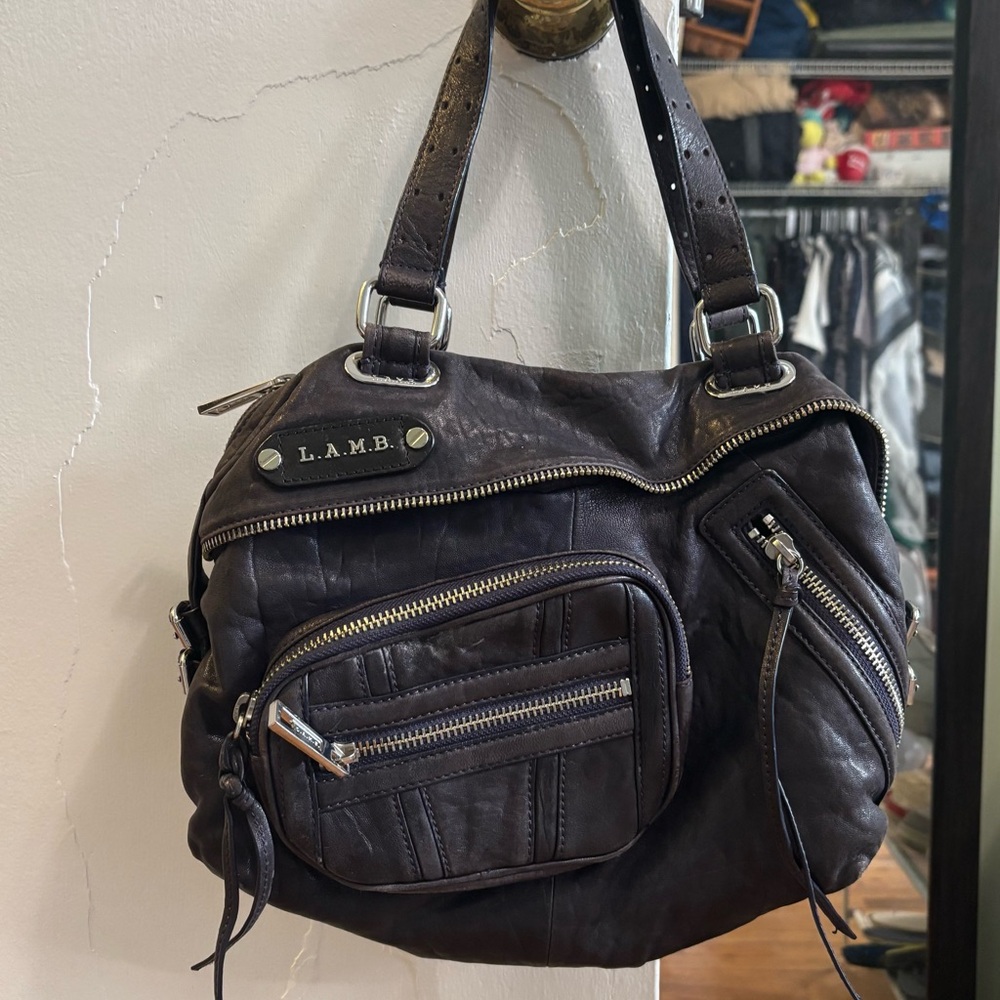 L.A.M.B. Leather Messenger Bag with Silver zippers